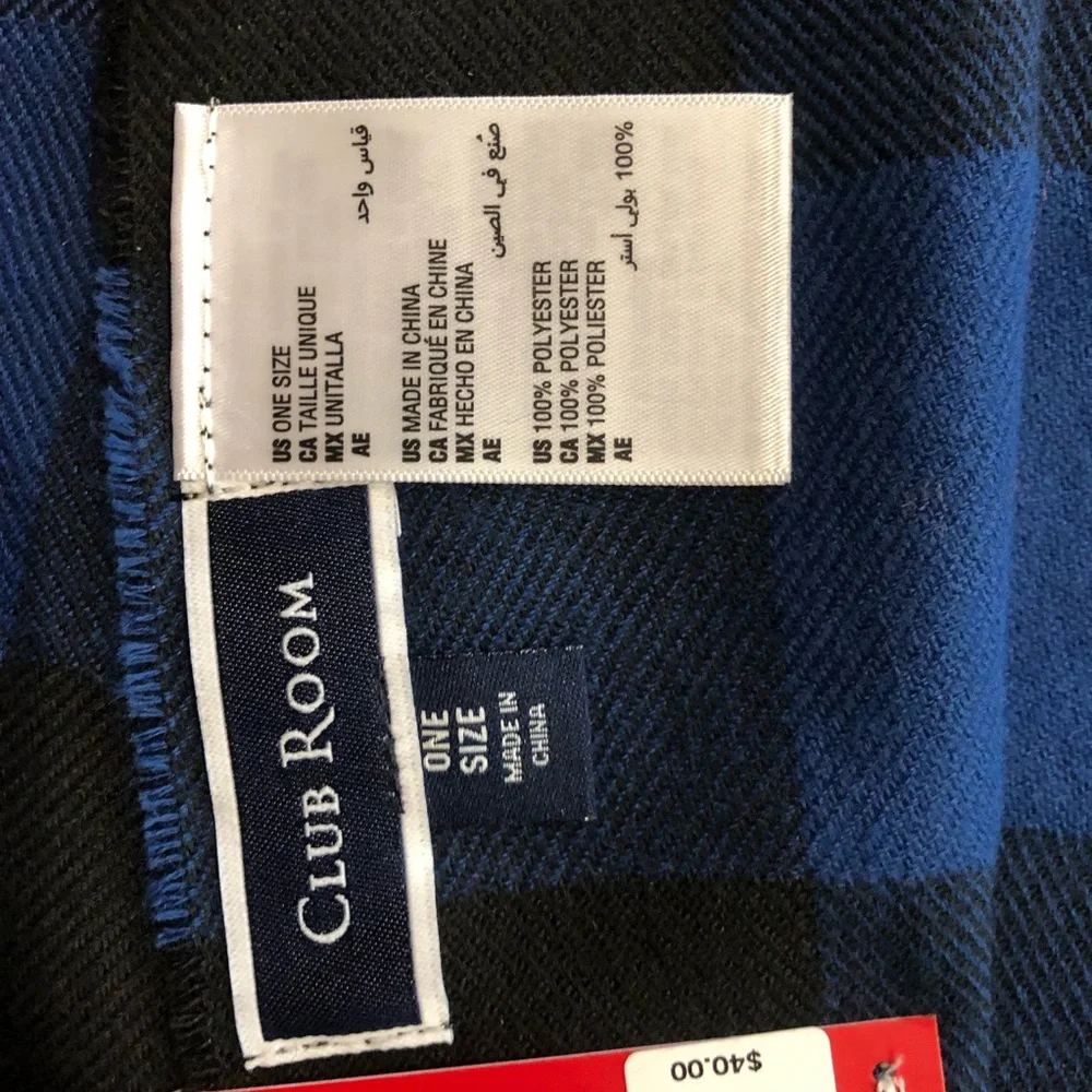 Club Room Blue and Black Checkered Scarf with Fringe Outdoor NWT